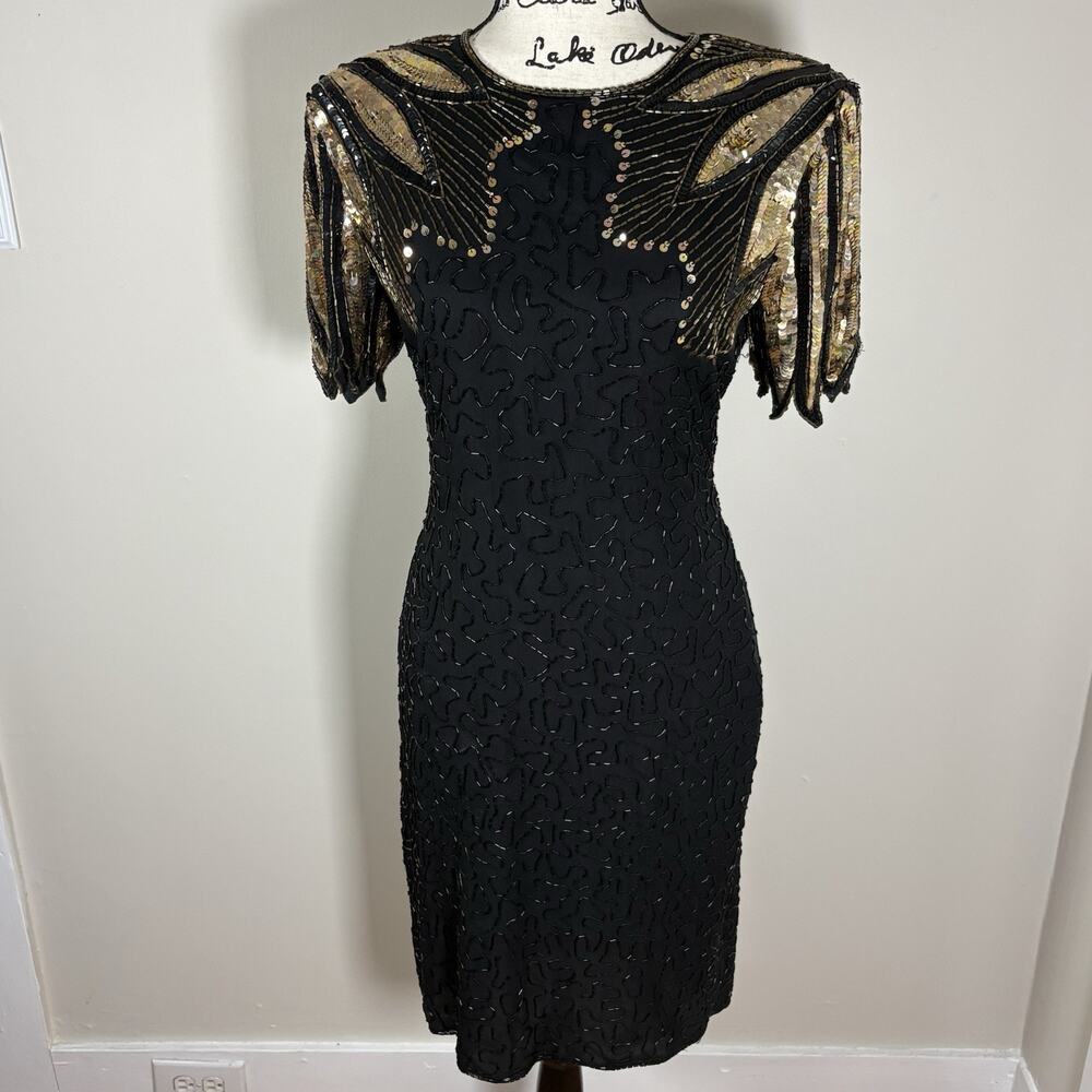 Vintage 80s Stenay Silk Black Gold Sequin Beaded Dress Art Deco Cocktail Size 8